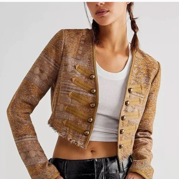 Free People Juliette Cropped Jacket in Gold Combo Jacquard Size S - Picture 1 of 15